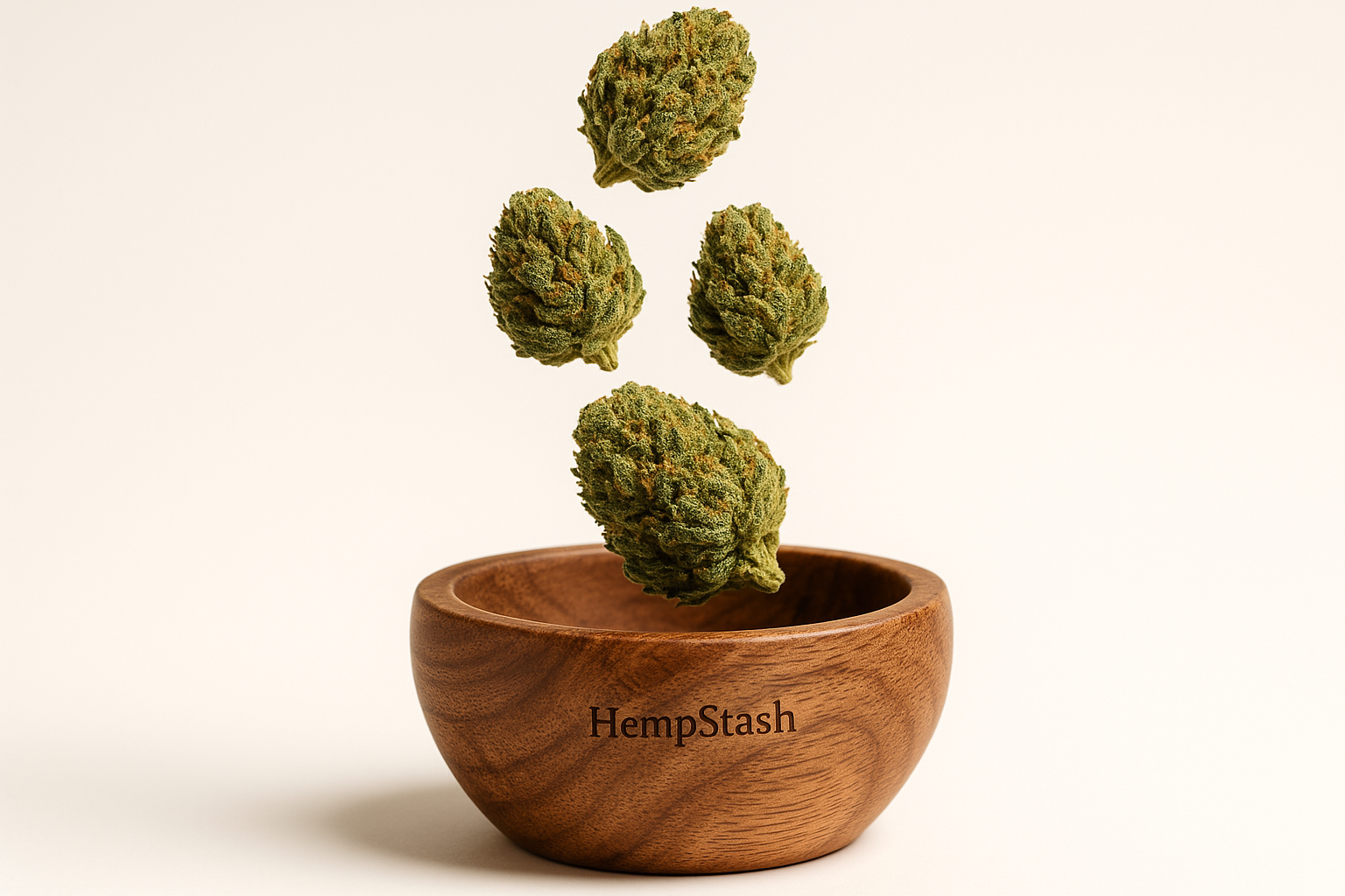 Create me a picture of falling Cbd flower buds into a wooden pot brand it in hempstash small 