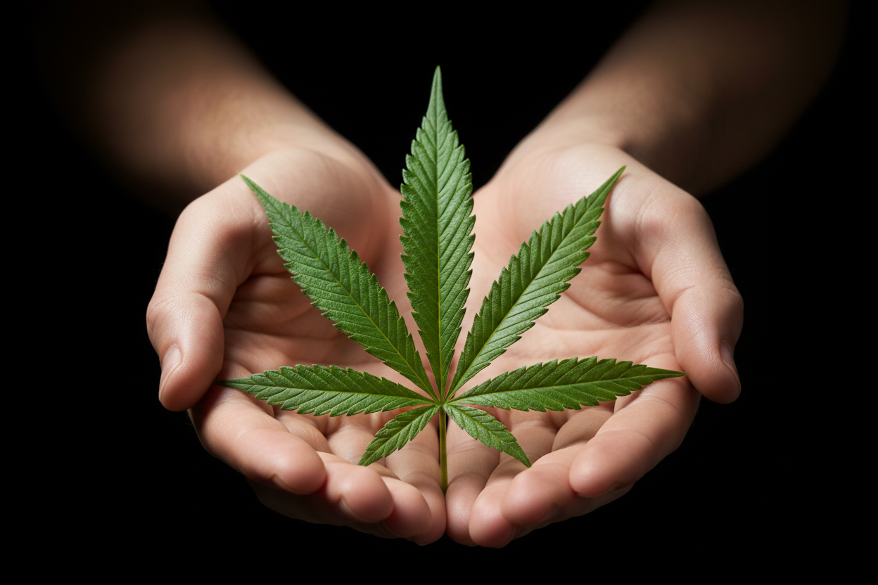 Generate clean image of cannabis leaf, someone holding it with 2 hands. Dark bright and clean 
